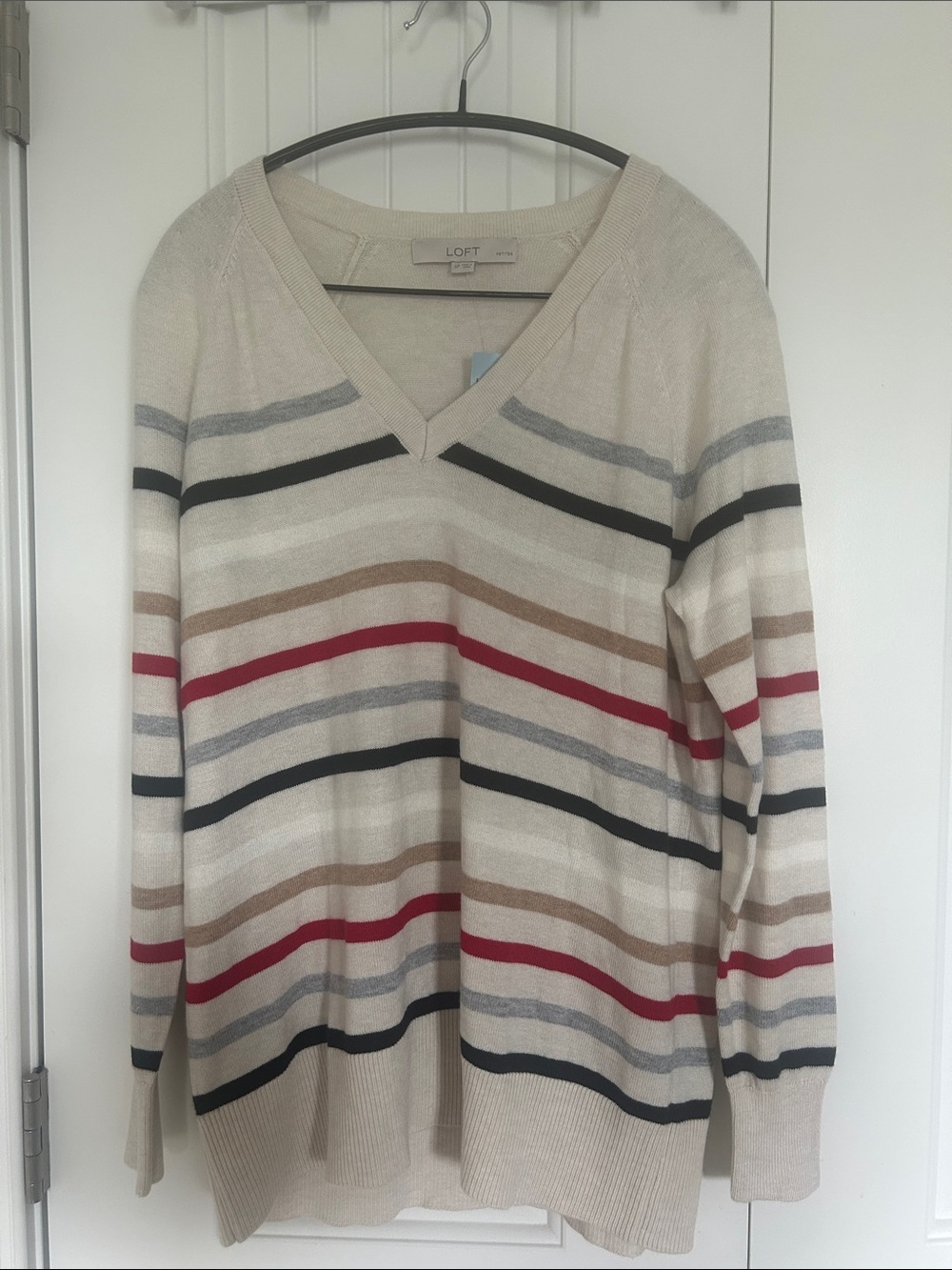 LOFT Cream V-Neck Sweater with Navy, Red, Gray, and Tan Stripes